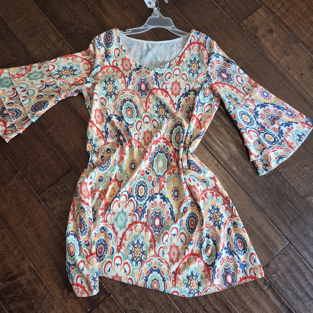 Bell Sleeve Multicolor Printed Women’s Dress
